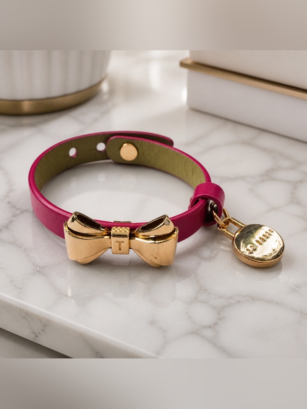 Ted Baker Gold Bow Pink Leather Charm Bracelet